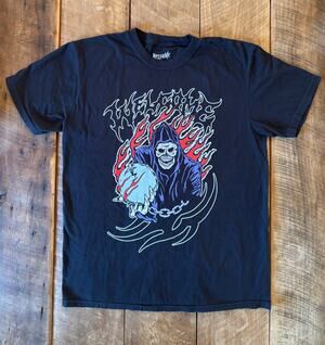 Welcome Black Graphic Tee Men’s Large Grim Reaper Skateboard Streetwear | NWOT